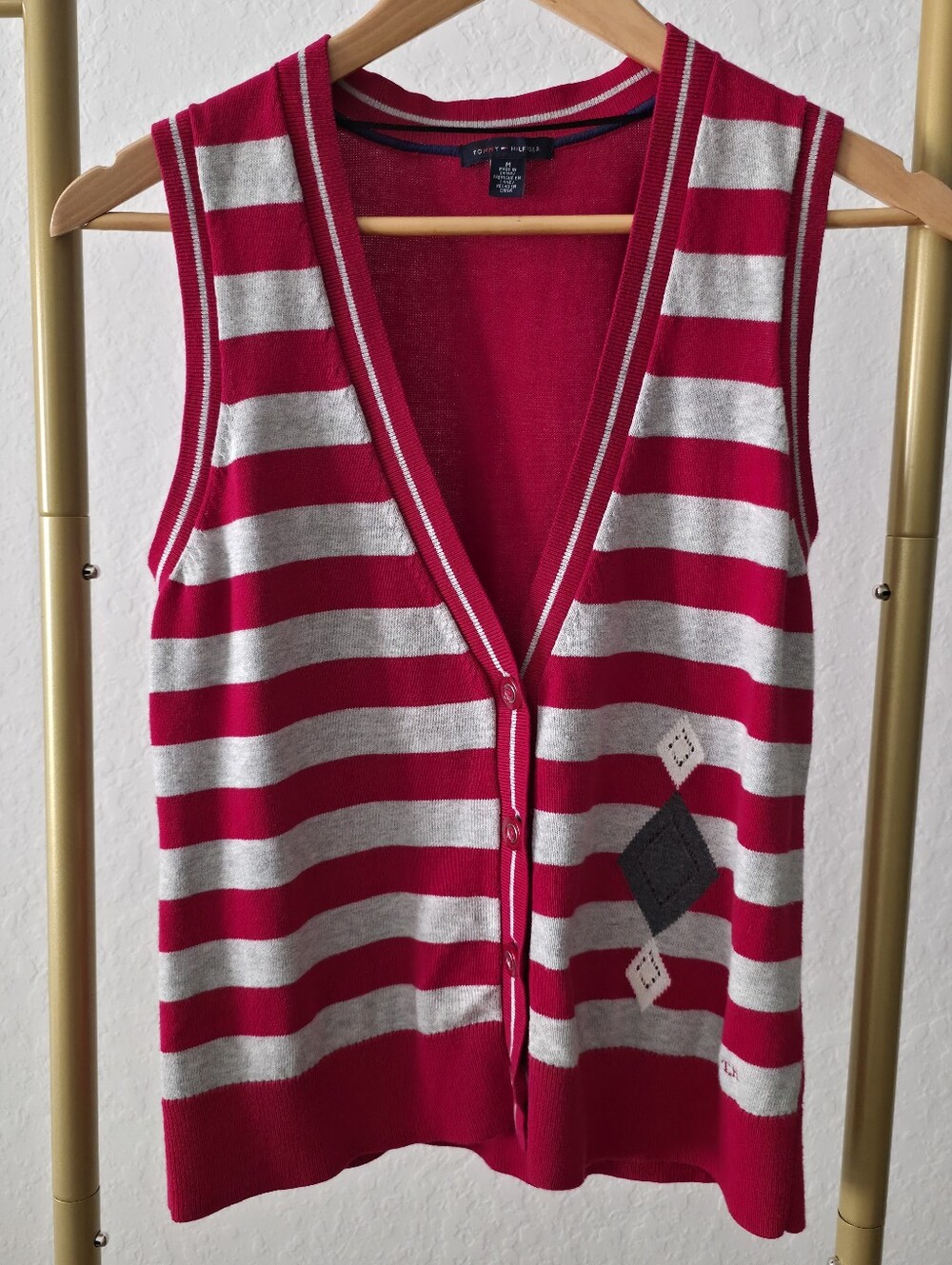 Tommy Hilfiger Women's Knit Sweater Vest, Medium, Striped V-neck, Cotton Vintage